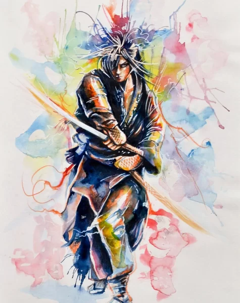 GEISHA SAMURAI dimensiones de la obra, ancho 27,5cm x 21,1cm alto técnica acuarela