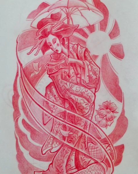 GEISHA dimension de la obra, ancho 21,1cm x alto 27,7cm técnica lapiz de color rojo